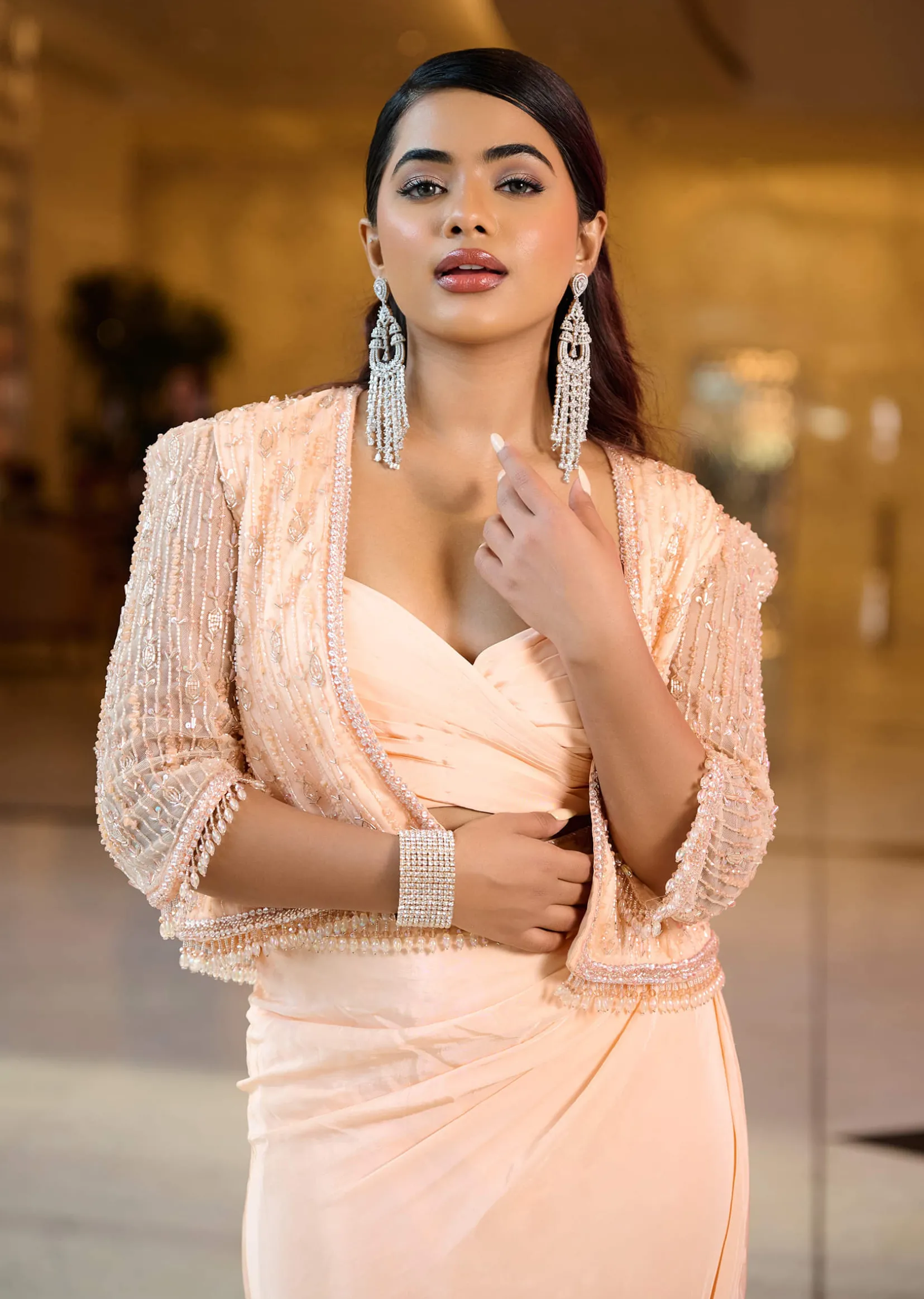 Light Peach Pleated Blouse With Short Jacket And Draped Frill Skirt