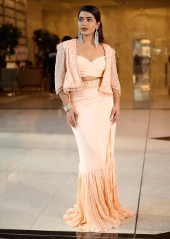 Light Peach Pleated Blouse With Short Jacket And Draped Frill Skirt