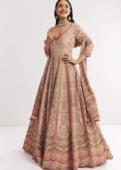 Light Peach Printed Crepe Anarkali Sui With Embroideryt