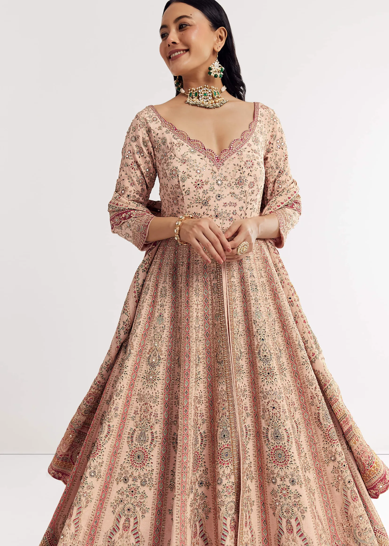 Light Peach Printed Crepe Anarkali Sui With Embroideryt