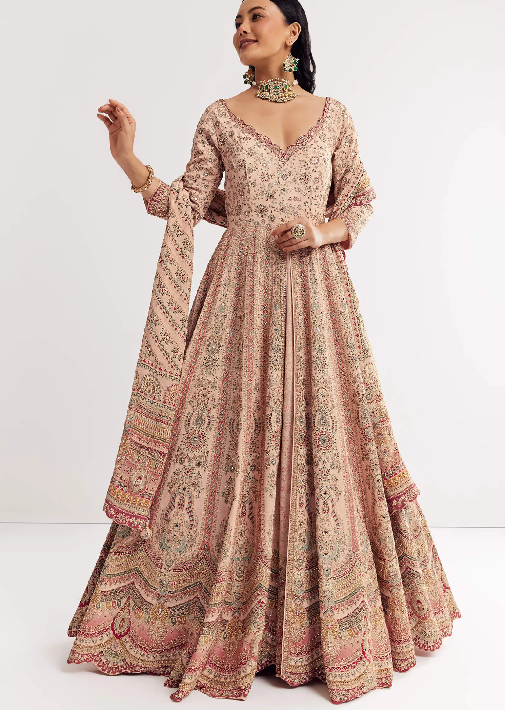 Light Peach Printed Crepe Anarkali Sui With Embroideryt