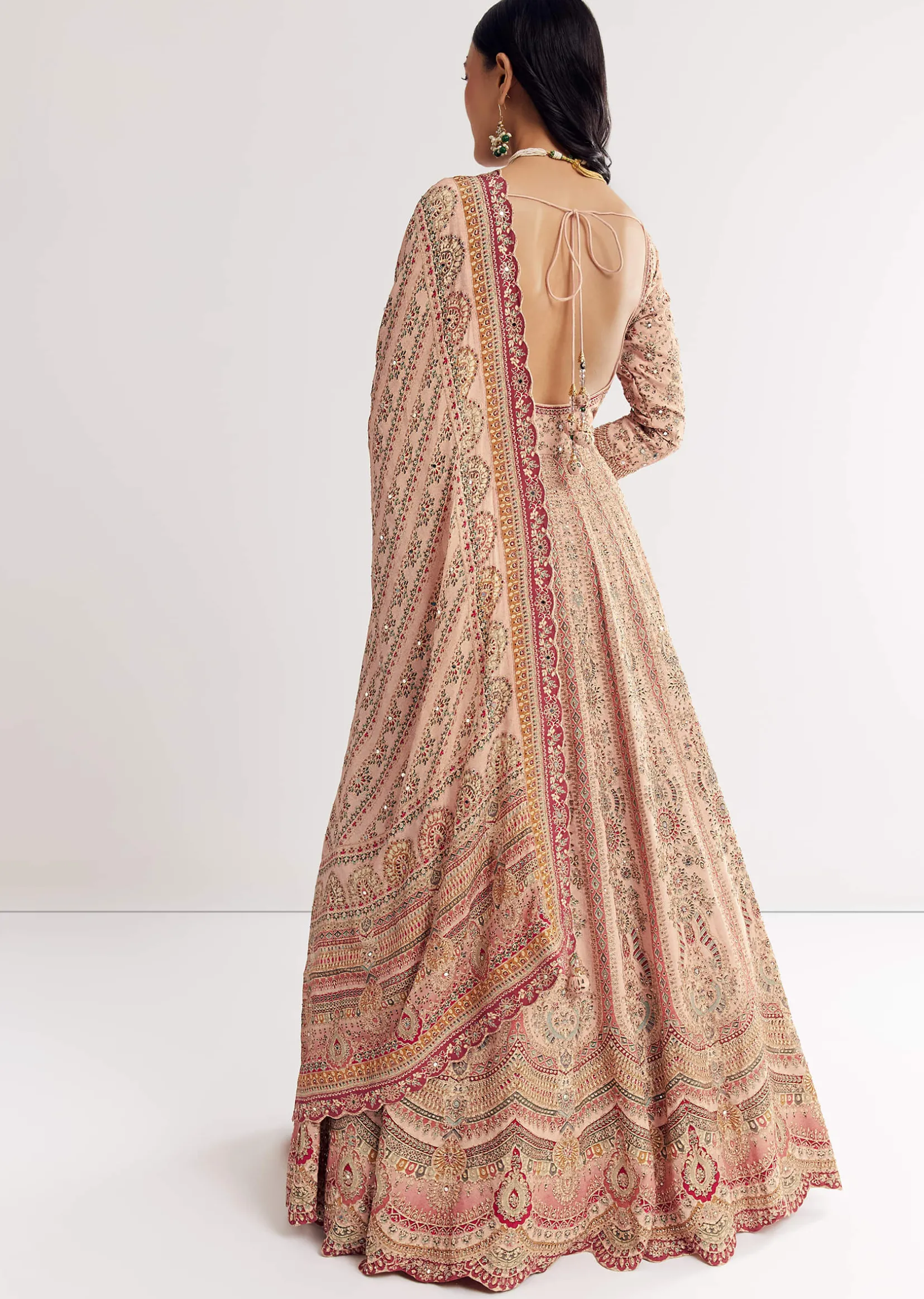 Light Peach Printed Crepe Anarkali Sui With Embroideryt