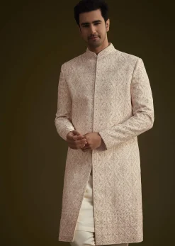 Light Peach Silk Sherwani Set With Dori Pearl And Stone Embroidery