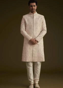Light Peach Silk Sherwani Set With Dori Pearl And Stone Embroidery