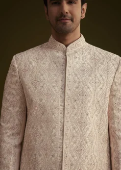 Light Peach Silk Sherwani Set With Dori Pearl And Stone Embroidery
