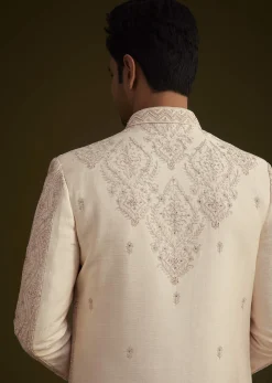 Light Peach Silk Sherwani Set With Dori Pearl And Stone Embroidery