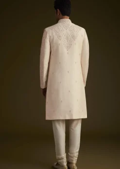 Light Peach Silk Sherwani Set With Dori Pearl And Stone Embroidery