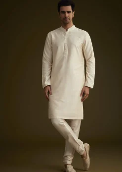 Light Peach Silk Sherwani Set With Dori Pearl And Stone Embroidery