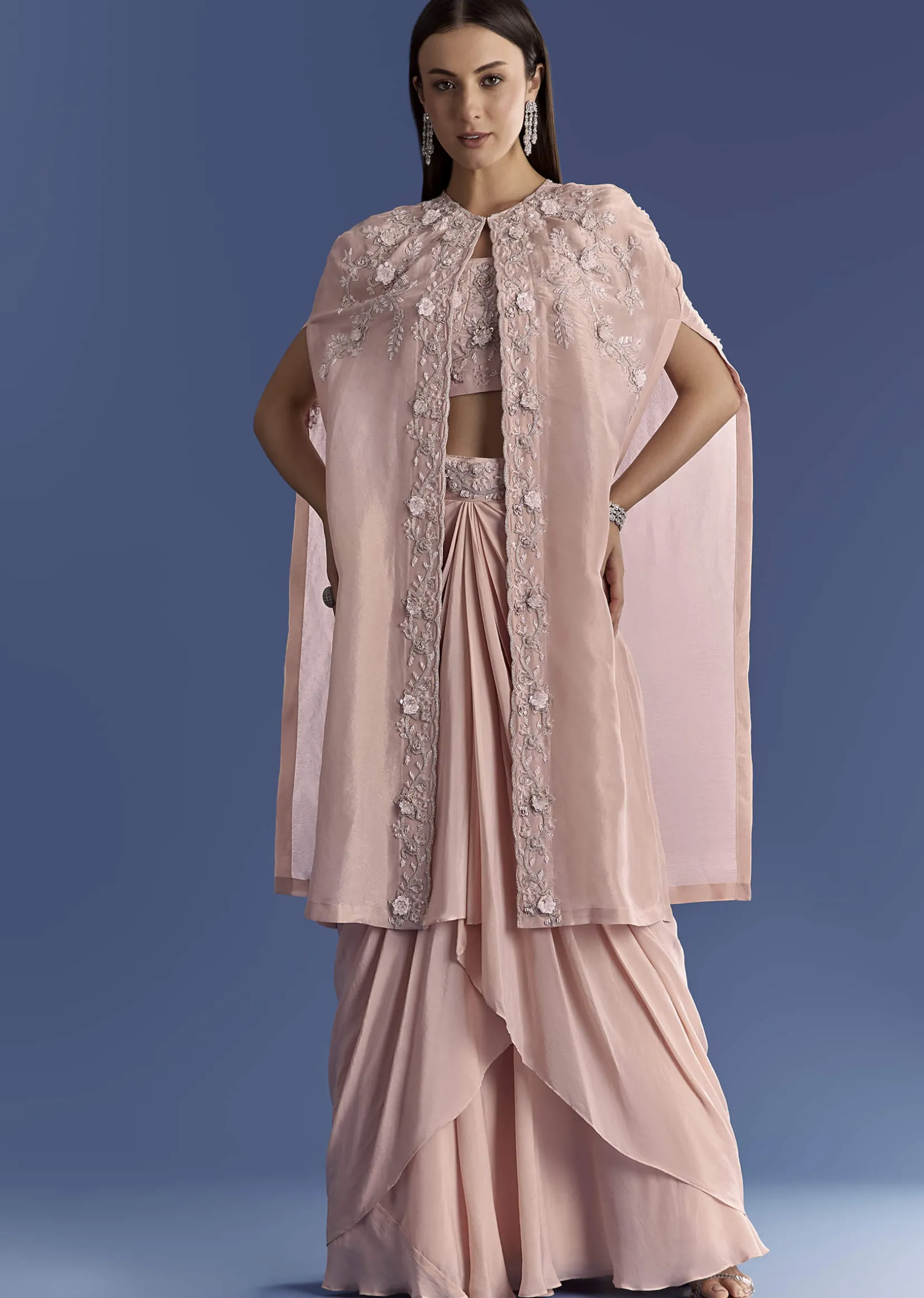 Light Peach Tissue Cape Set With Embroidered Croptop And Skirt