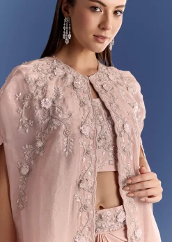 Light Peach Tissue Cape Set With Embroidered Croptop And Skirt