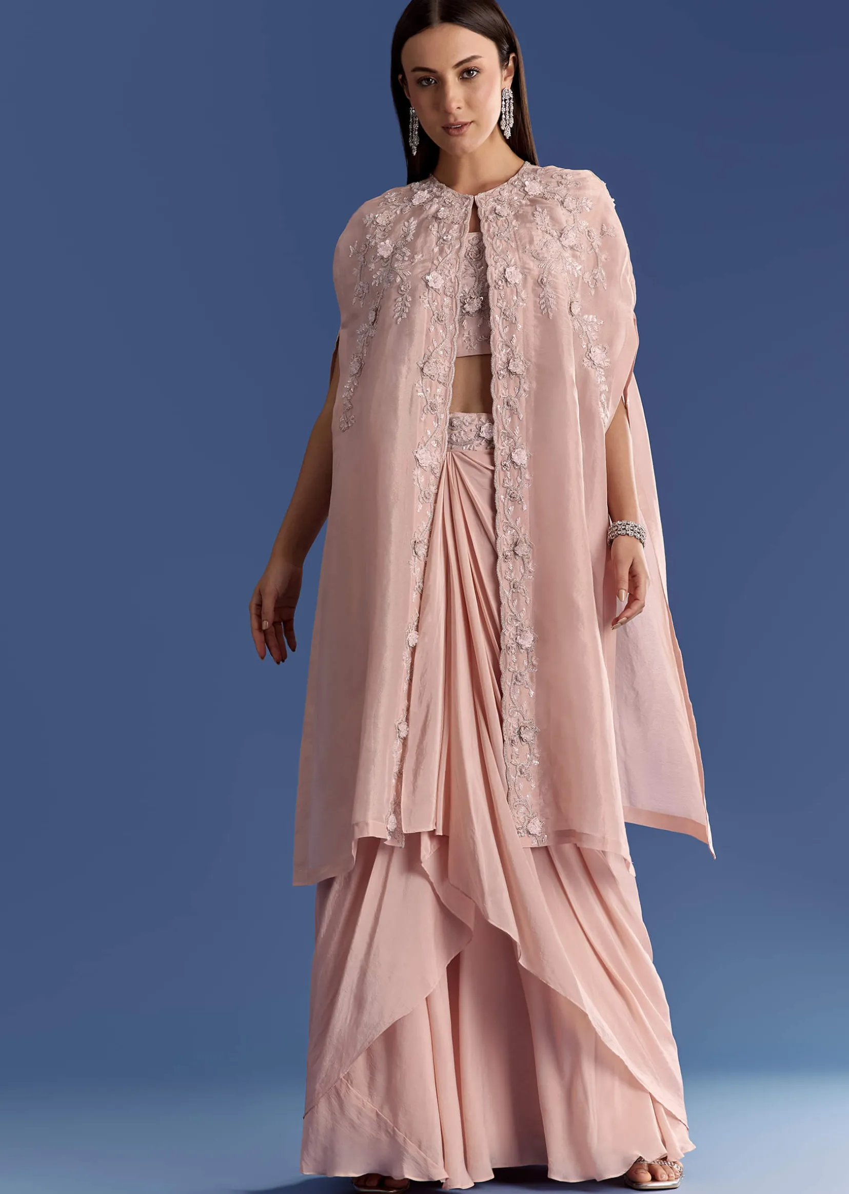 Light Peach Tissue Cape Set With Embroidered Croptop And Skirt