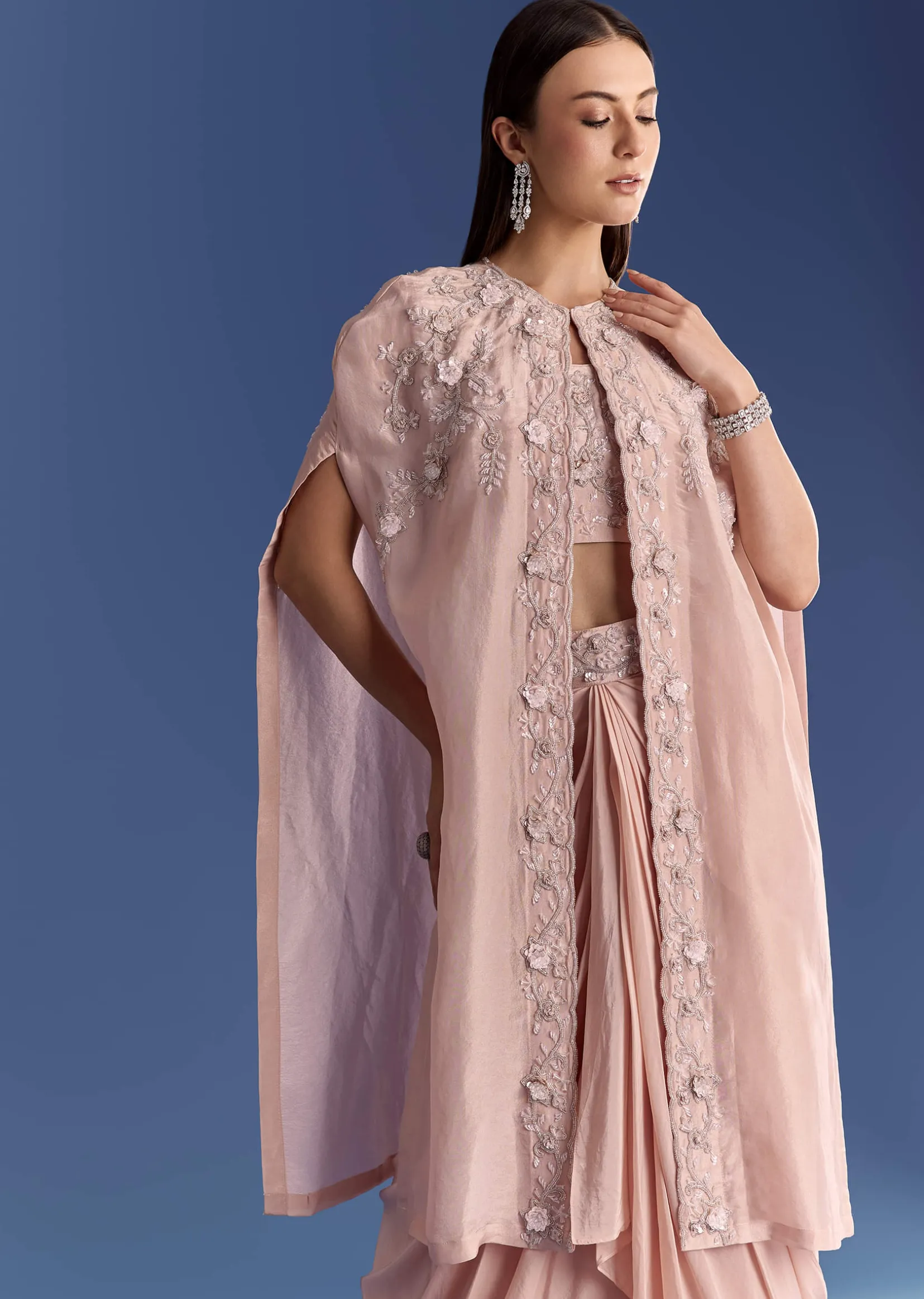 Light Peach Tissue Cape Set With Embroidered Croptop And Skirt