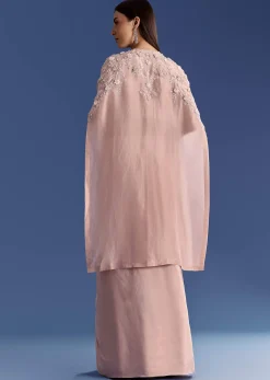 Light Peach Tissue Cape Set With Embroidered Croptop And Skirt