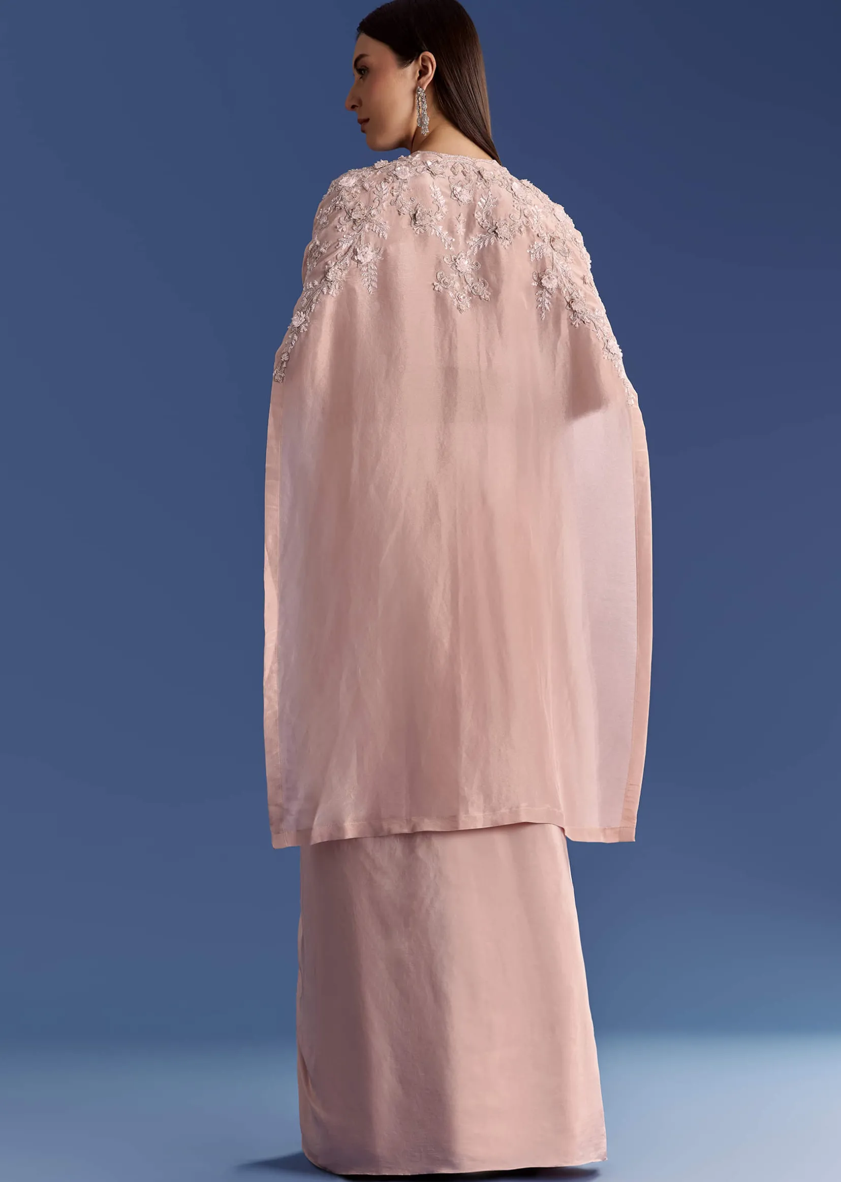 Light Peach Tissue Cape Set With Embroidered Croptop And Skirt