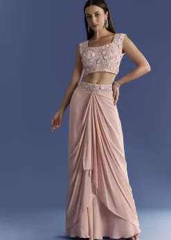 Light Peach Tissue Cape Set With Embroidered Croptop And Skirt