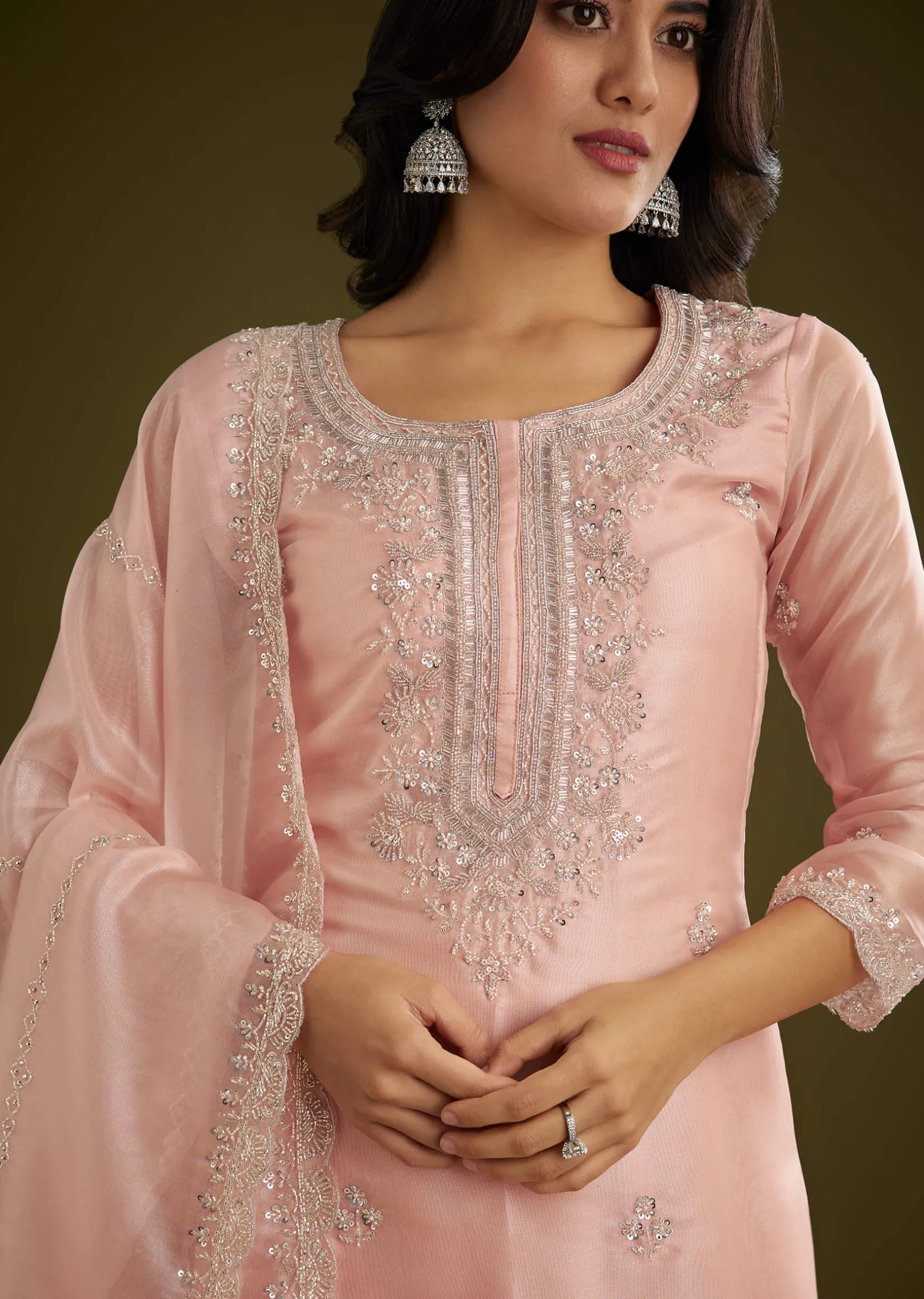 Light Peach Tissue Cut Dana Beads Kurta Set With Embroidered Dupatta