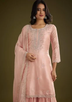 Light Peach Tissue Cut Dana Beads Kurta Set With Embroidered Dupatta