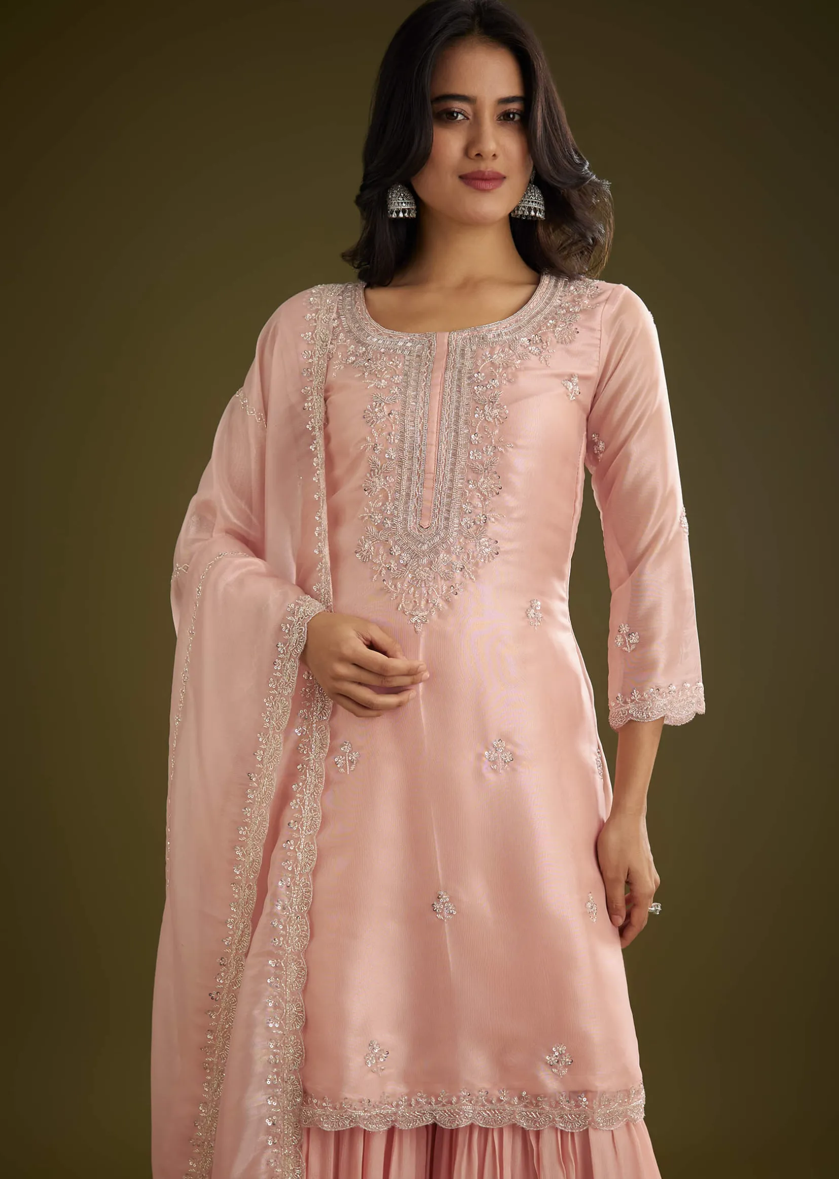 Light Peach Tissue Cut Dana Beads Kurta Set With Embroidered Dupatta