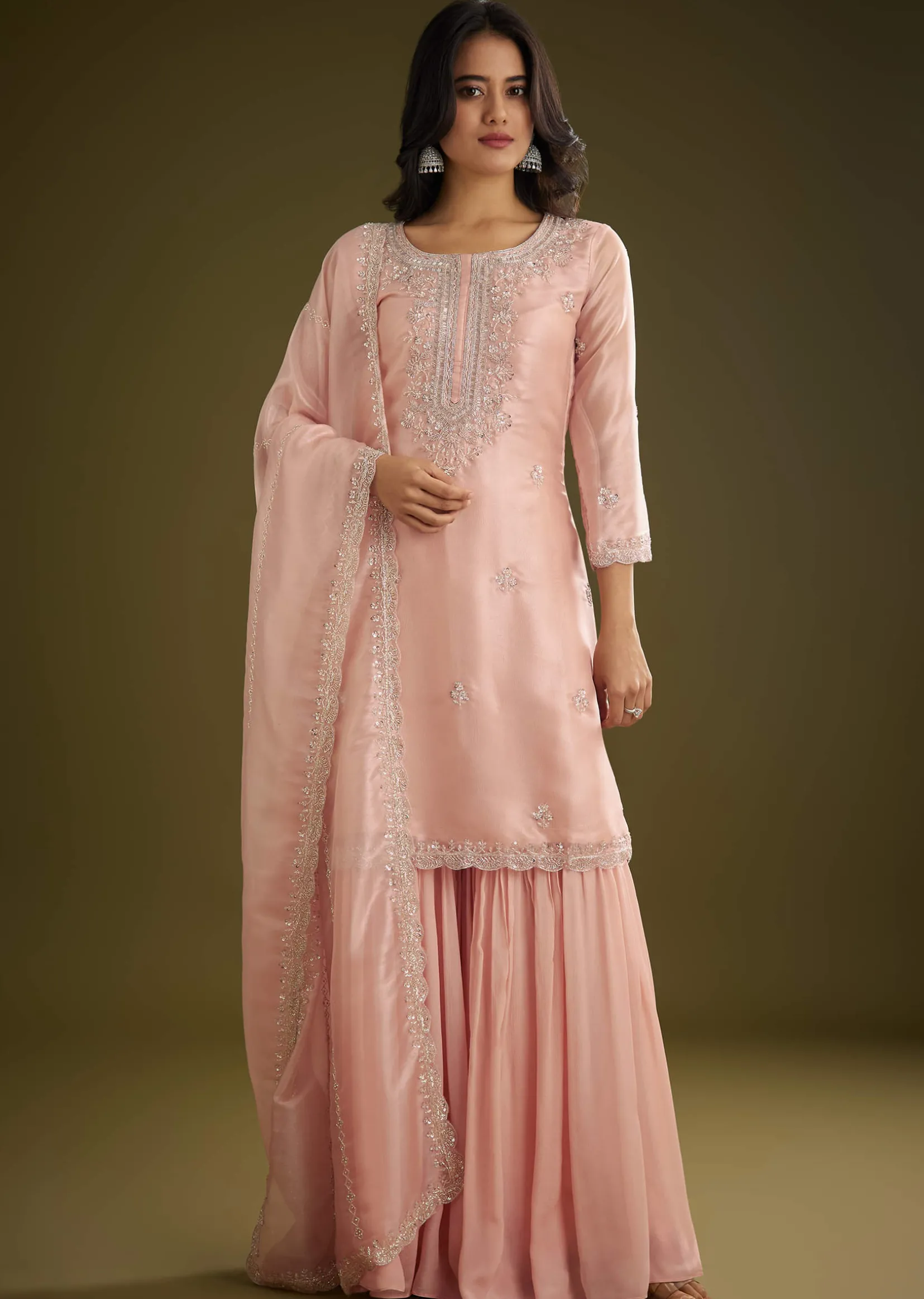 Light Peach Tissue Cut Dana Beads Kurta Set With Embroidered Dupatta