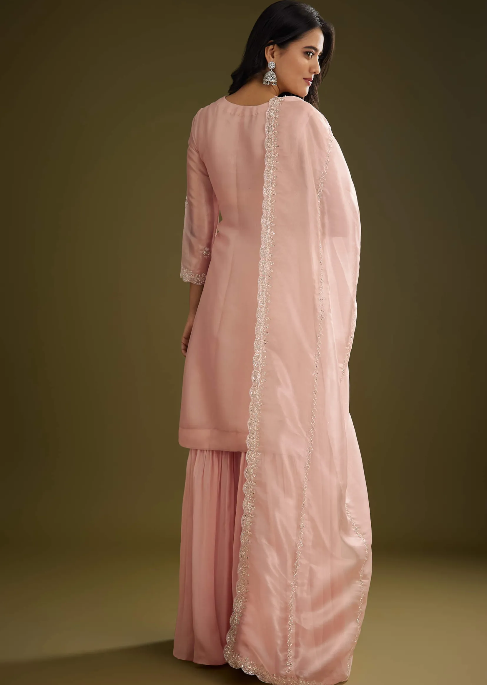 Light Peach Tissue Cut Dana Beads Kurta Set With Embroidered Dupatta