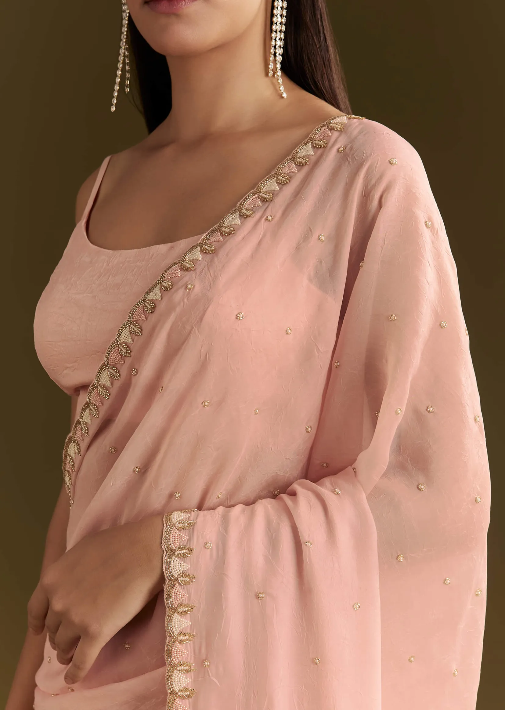 Light Peach Tissue Silk Saree With Stone Embellishments