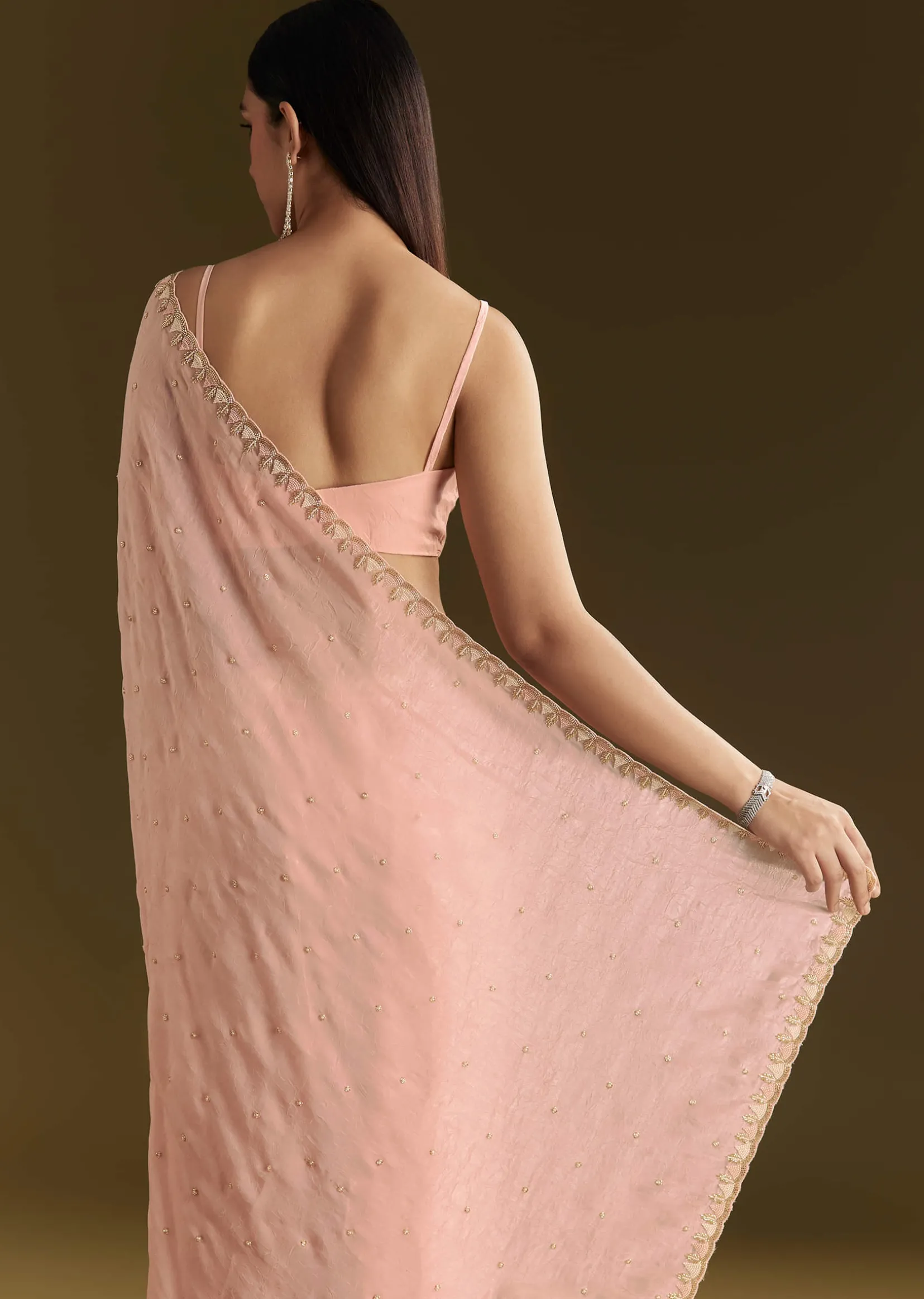 Light Peach Tissue Silk Saree With Stone Embellishments