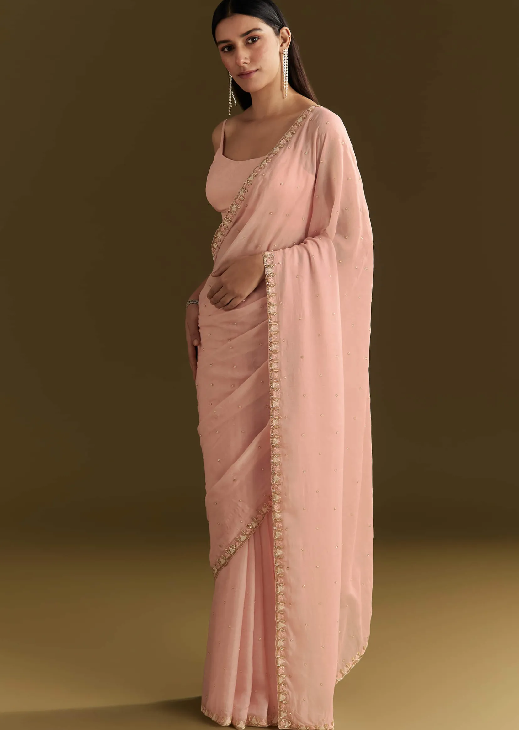 Light Peach Tissue Silk Saree With Stone Embellishments