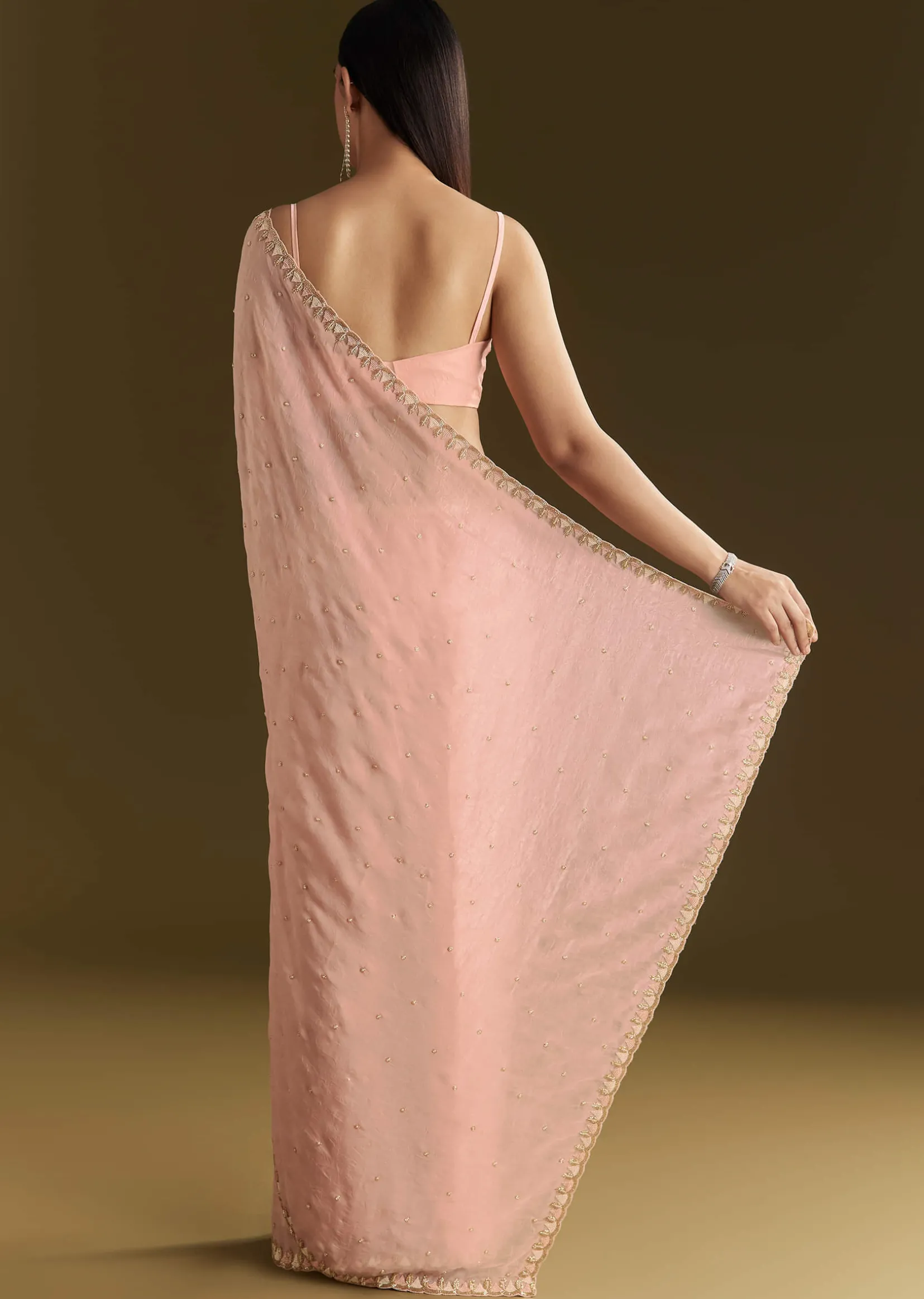 Light Peach Tissue Silk Saree With Stone Embellishments