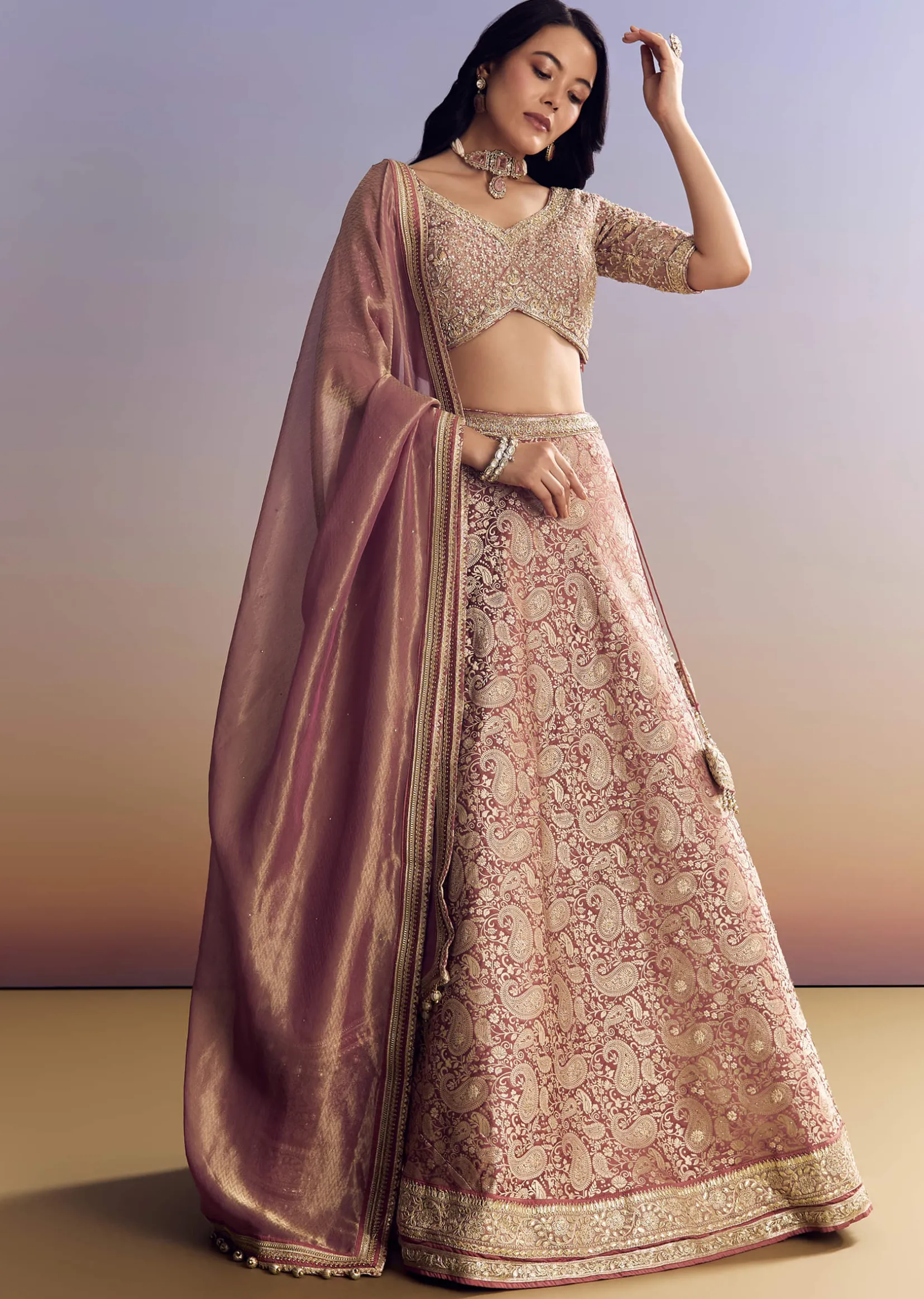 Light Pink Banarasi Silk Lehenga Set With Embroidered Choli