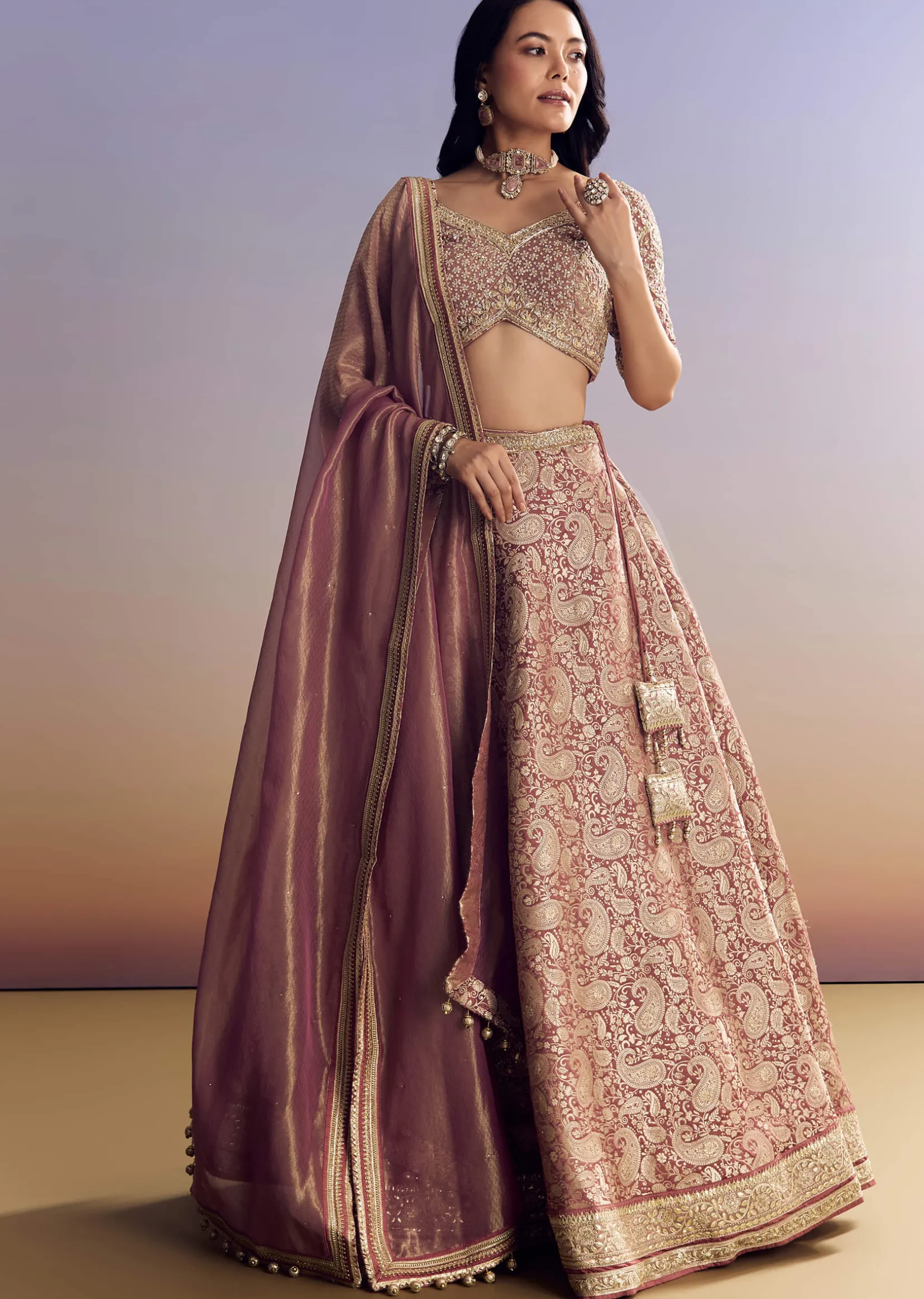Light Pink Banarasi Silk Lehenga Set With Embroidered Choli
