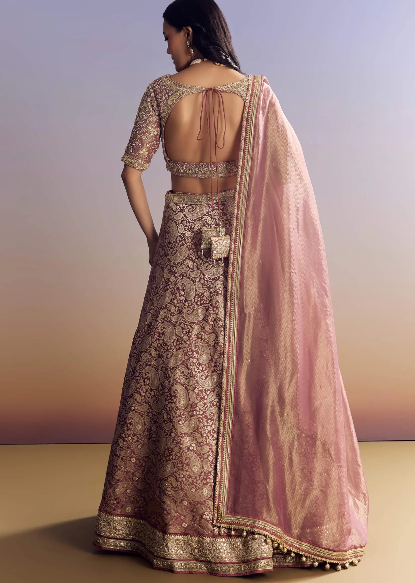 Light Pink Banarasi Silk Lehenga Set With Embroidered Choli