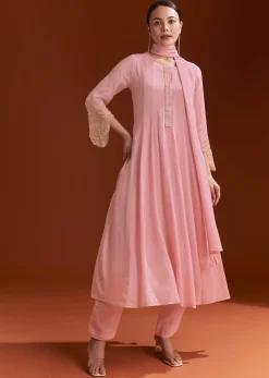 Light Pink Chinon Anarkali Suit With Cut Dana And Beads Work