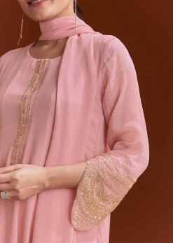 Light Pink Chinon Anarkali Suit With Cut Dana And Beads Work