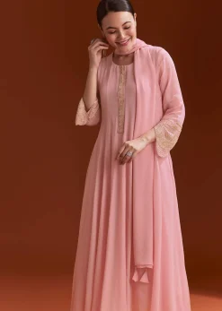Light Pink Chinon Anarkali Suit With Cut Dana And Beads Work