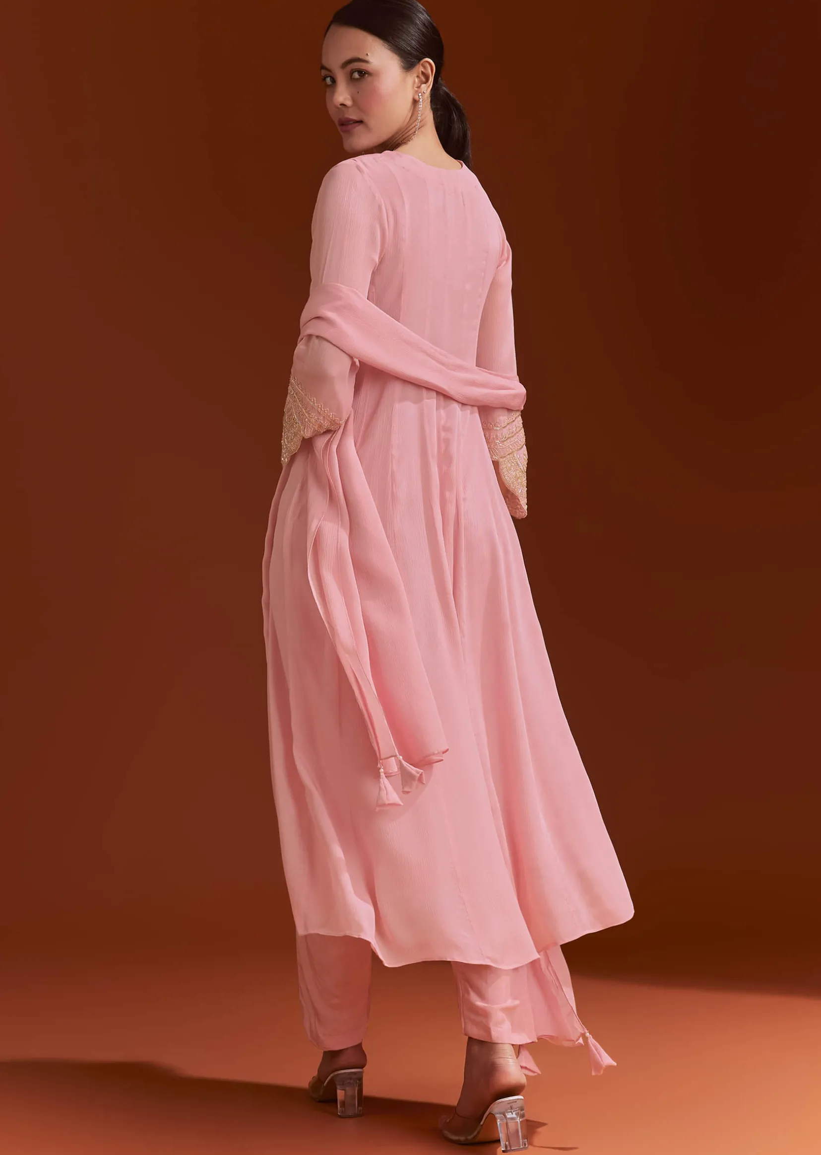 Light Pink Chinon Anarkali Suit With Cut Dana And Beads Work