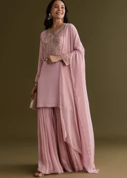 Light Pink Chinon Cutdana Sharara Suit