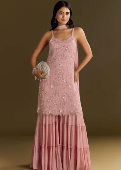 Light Pink Chinon Embroidered Kurta Sharara With Choker Dupatta