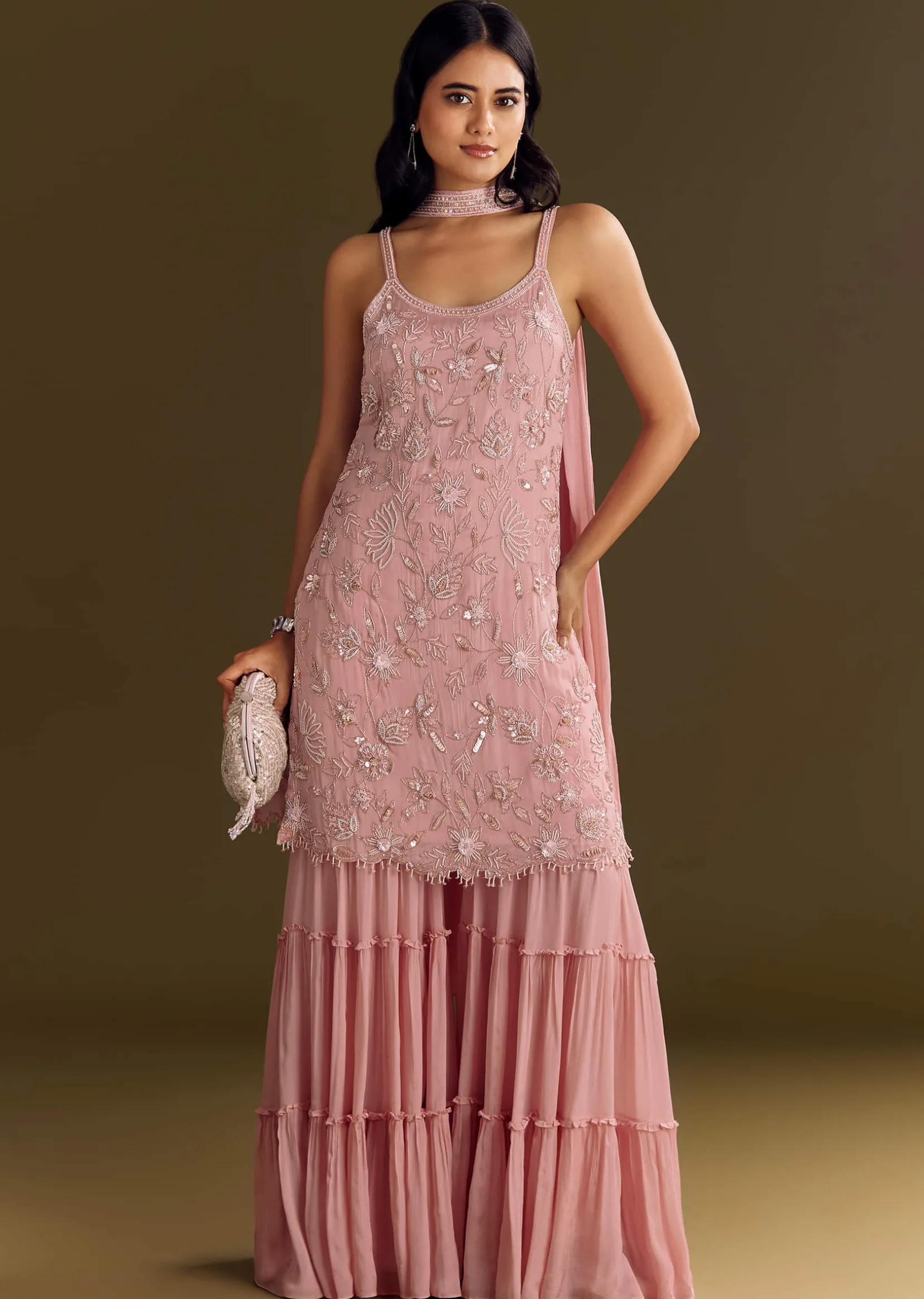 Light Pink Chinon Embroidered Kurta Sharara With Choker Dupatta
