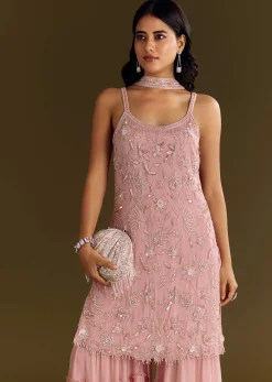 Light Pink Chinon Embroidered Kurta Sharara With Choker Dupatta
