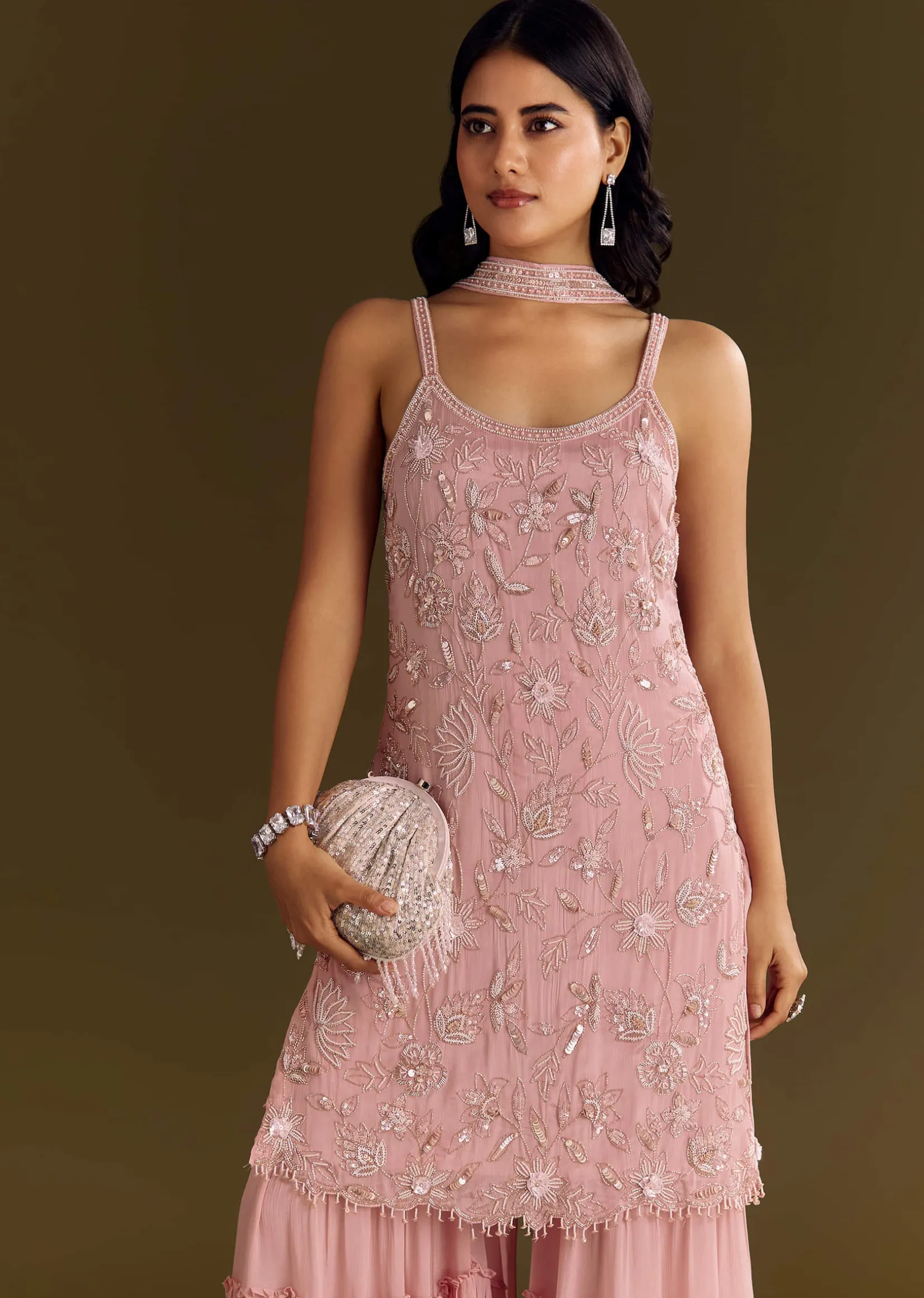 Light Pink Chinon Embroidered Kurta Sharara With Choker Dupatta