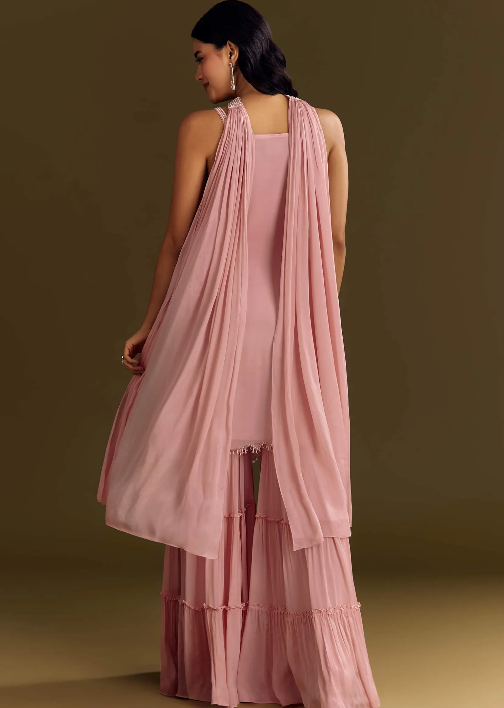Light Pink Chinon Embroidered Kurta Sharara With Choker Dupatta