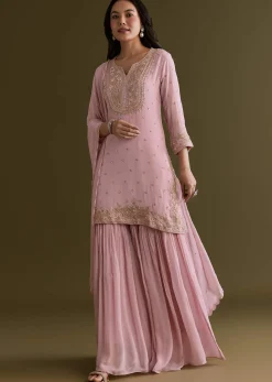 Light Pink Chinon Sharara Suit With Zardosi Embroidered Dupatta