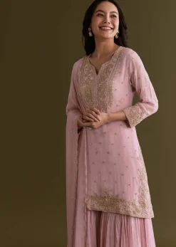 Light Pink Chinon Sharara Suit With Zardosi Embroidered Dupatta