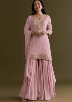 Light Pink Chinon Sharara Suit With Zardosi Embroidered Dupatta