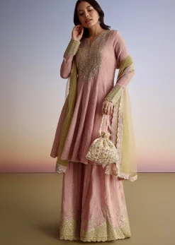 Light Pink Crush Tissue Sharara Suit With Zari Sequins