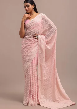 Light Pink Georgette Chikankari Jaal Work Saree With Unstitched Blouse