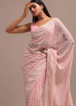Light Pink Georgette Chikankari Jaal Work Saree With Unstitched Blouse