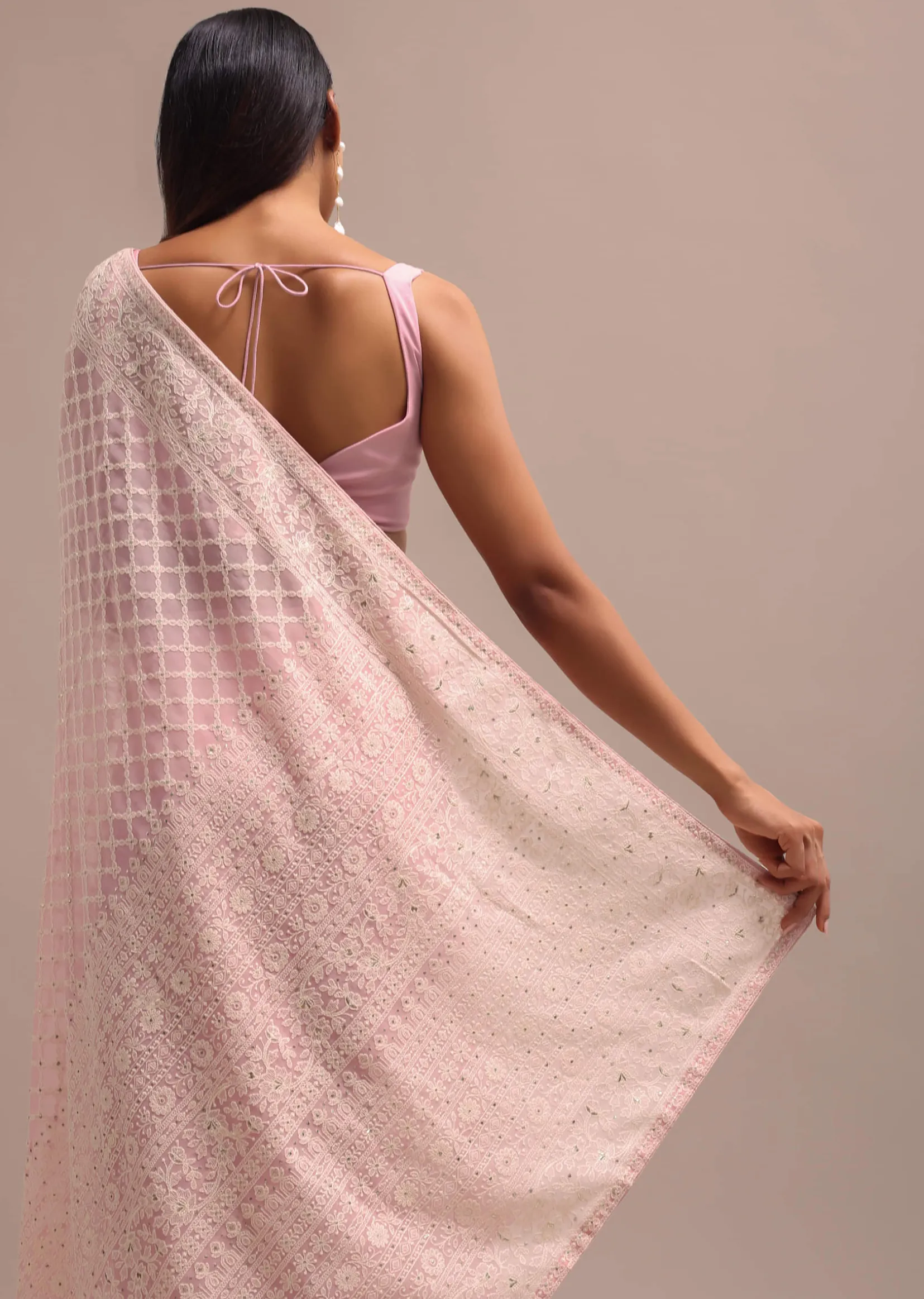 Light Pink Georgette Chikankari Jaal Work Saree With Unstitched Blouse
