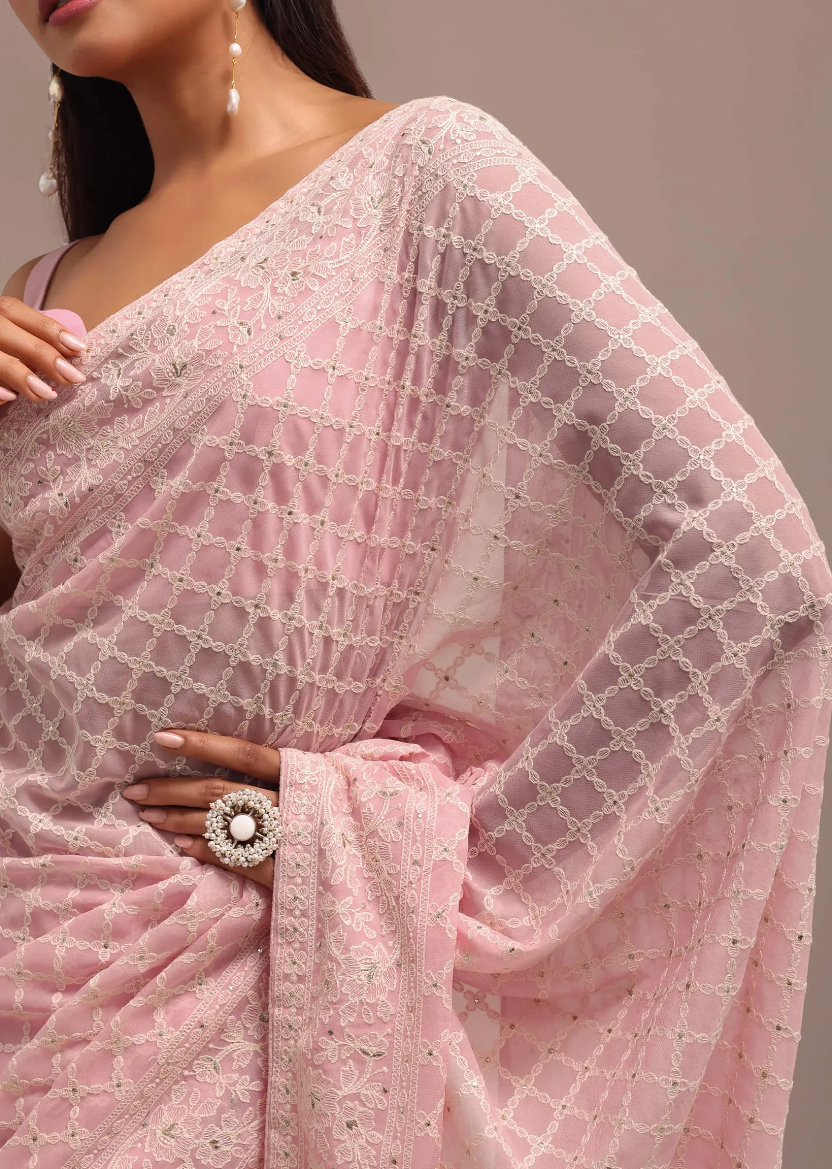 Light Pink Georgette Chikankari Jaal Work Saree With Unstitched Blouse