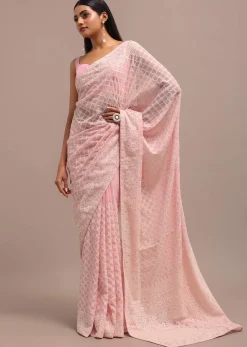 Light Pink Georgette Chikankari Jaal Work Saree With Unstitched Blouse